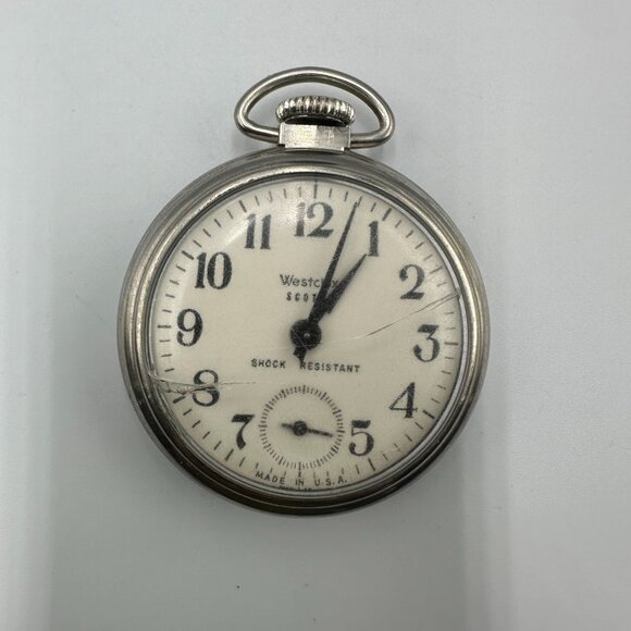 Vintage Westclox Scotty Pocket Watch Men Silver Tone 49MM USA Made Manual Wind - Picture 1 of 10